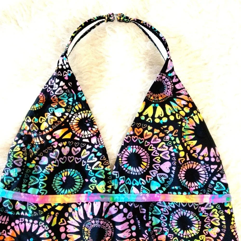 Girls Size 16.5 Tankini Swimsuit Top V Neck Halter Multicolor Beach Pool